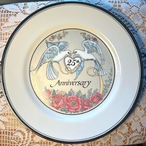 🕊️Vintage Cameron Japan 25th Anniversary Plate • Silver Doves & Roses • 10”🌹80s